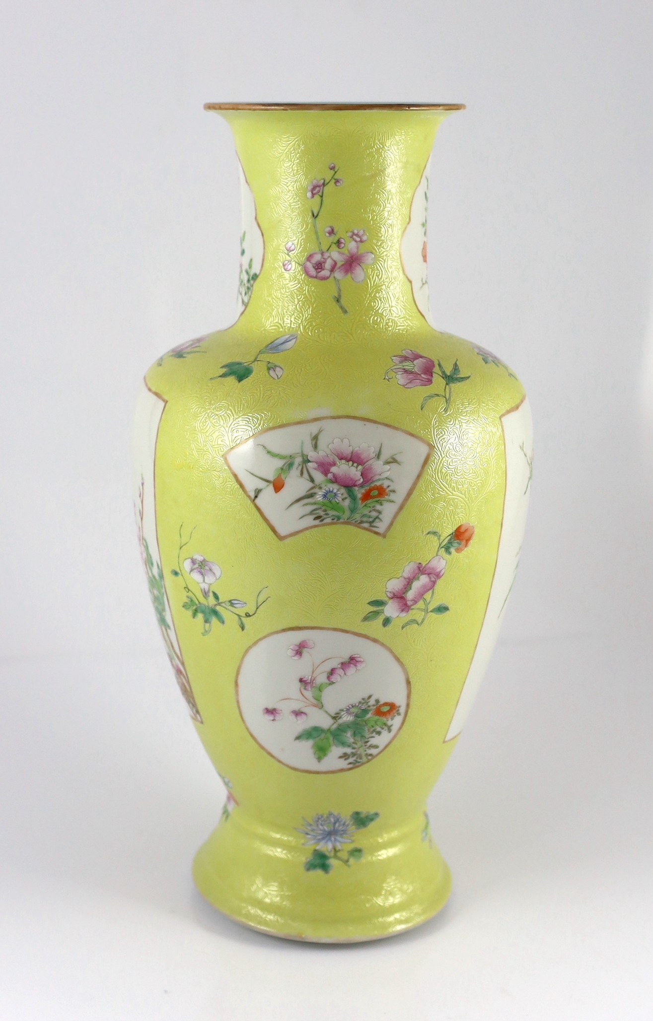 A Chinese yellow sgraffito ground vase, Qianlong seal mark but Republic period, 41.5cm high, neck restored